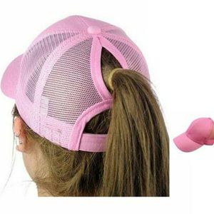 Womens Pink Mesh Bun Ponytail Adjustable Sport Hat